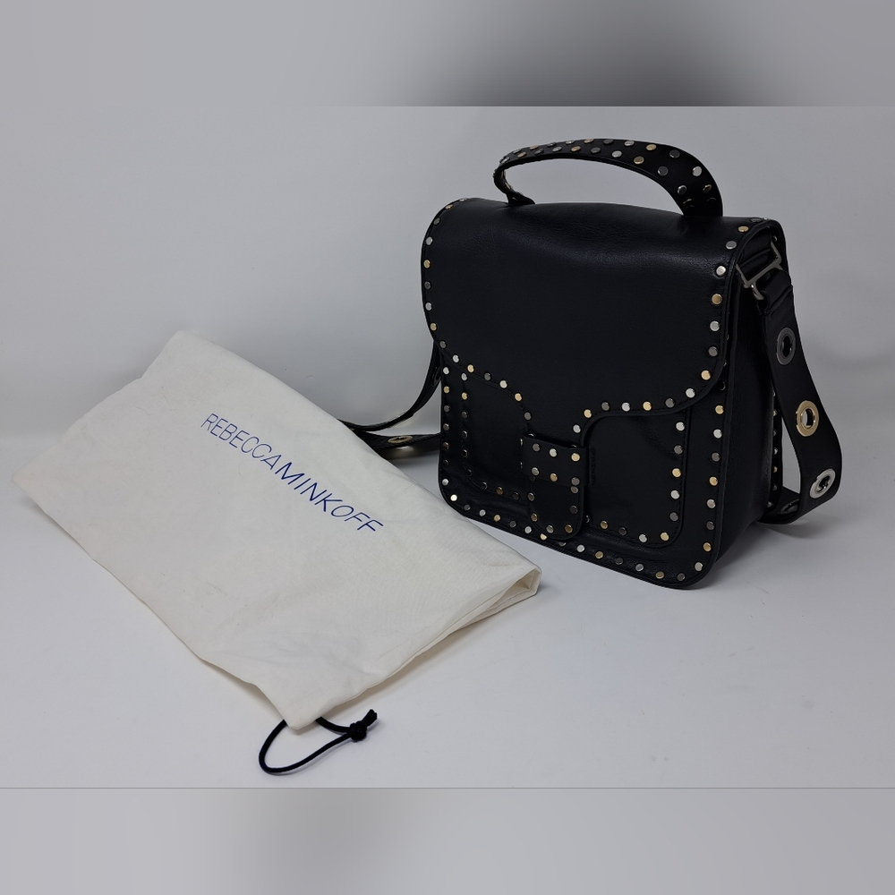 Rebecca Minkoff Midnighter Black Leather Crossbody Messenger Bag Metal Studs - Picture 1 of 15